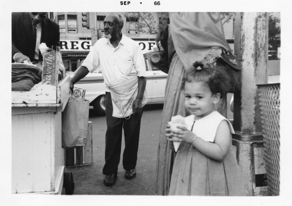 This September 1966 photo provided by the Kamala Harris campaign shows her during a family visit to the Harlem neighborhood of New York. (Kamala Harris campaign via AP)