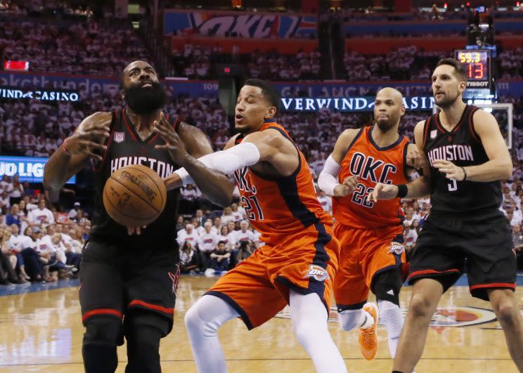 Andre Roberson will now make eight figures a year to lock dudes like James Harden up. (AP)