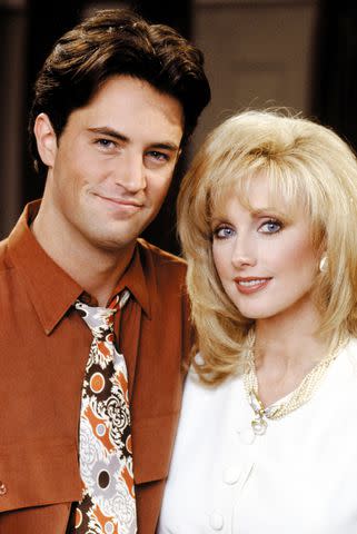 <p>Everett Collection</p> Matthew Perry and Morgan Fairchild on 'Friends'