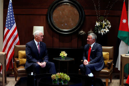 Jordan's King Abdullah speaks during his meeting with U.S. Vice President Mike Pence at the Royal Palace in Amman, Jordan January 21, 2018. REUTERS/Muhammad Hamed