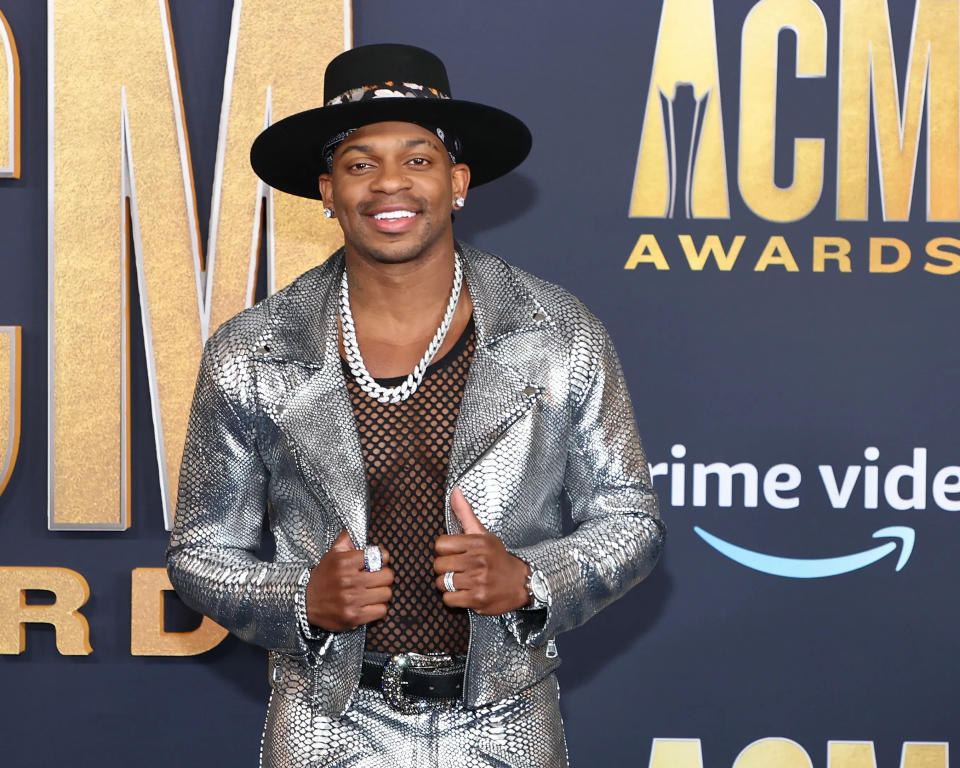 Jimmie Allen wears a see-through shirt at the 57th Academy of Country Music Awards at Allegiant Stadium on March 07, 2022 in Las Vegas, Nevada.