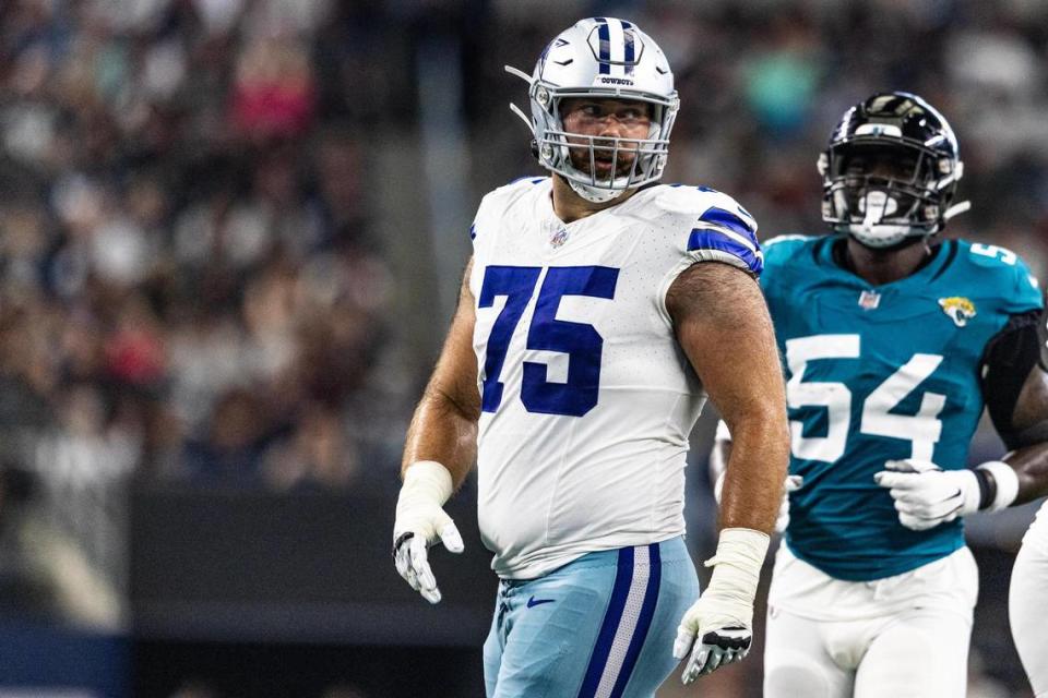 Dallas Cowboys offensive lineman Josh Ball (75) started in place of holdout Zack Martin on Saturday in the team’s preseason opener against Jacksonville.