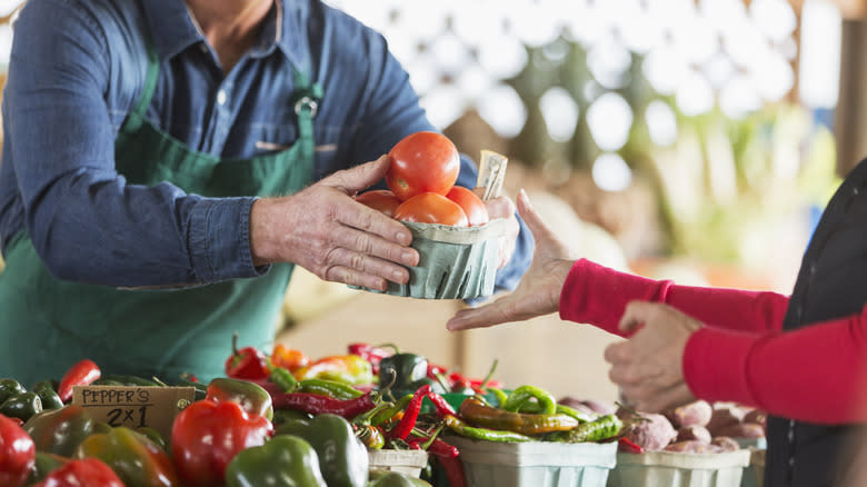 Buying tomatoes at a farmers market