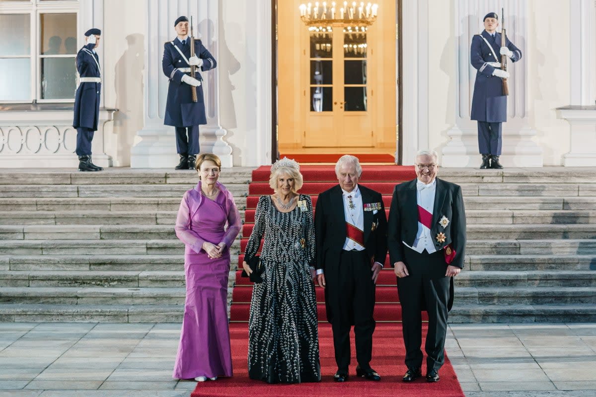 Britain's King Charles III (2-R), Camilla, The Queen Consort (2-L), German President Frank-Walter Steinmeier (R) and his wife Elke Buedenbender (L) arrive for a white tie dinner at presidential palace Schloss Bellevue in Berlin, Germany (EPA)