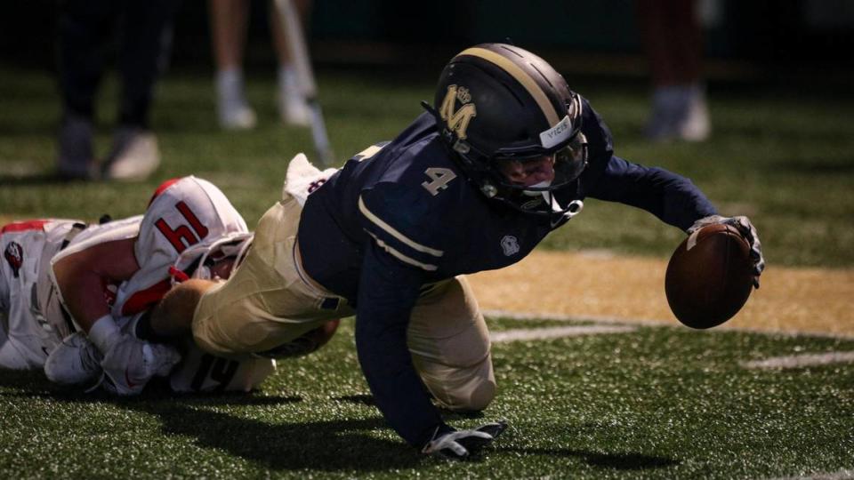 Vinney Orland is stopped short of the goal line by Xavier Montalvo. Mission Prep’s playoff run ended with a 20-14 overtime loss to Kerman High School on Nov. 17, 2023, in the CIF Central Section Division 3 football playoffs.