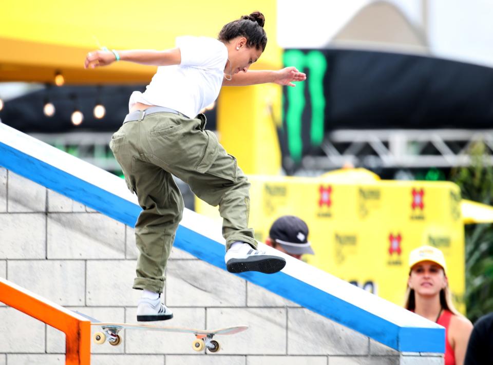 Mariah Duran of New Mexico wins gold in the Women's Skateboard Street Best Trick during X Games 2023 in Ventura on Sunday, July 23, 2023.