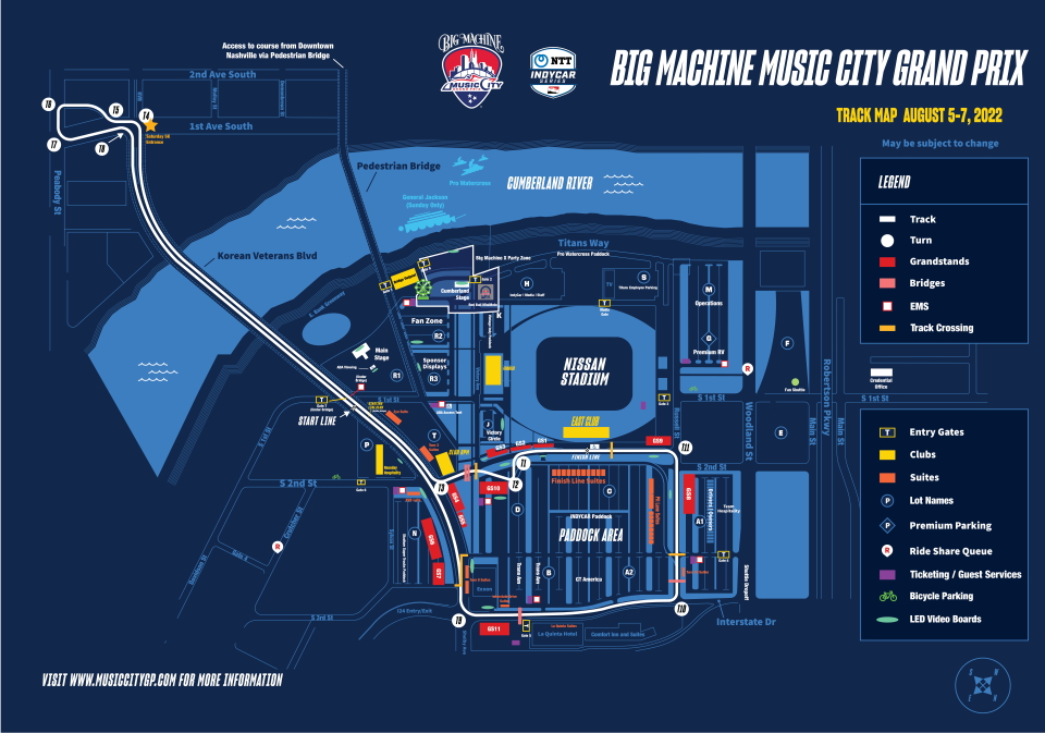 The track map for the Nashville street course in the 2022 Big Machine Music City Grand Prix IndyCar race weekend.