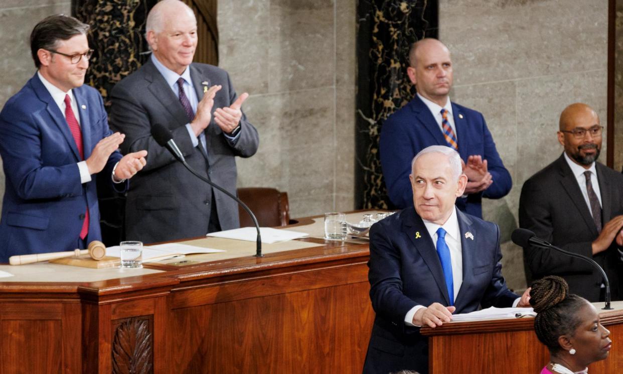 <span>Israeli prime minister Benjamin Netanyahu addresses Congress in Washington, DC.</span><span>Photograph: Anadolu/Getty Images</span>