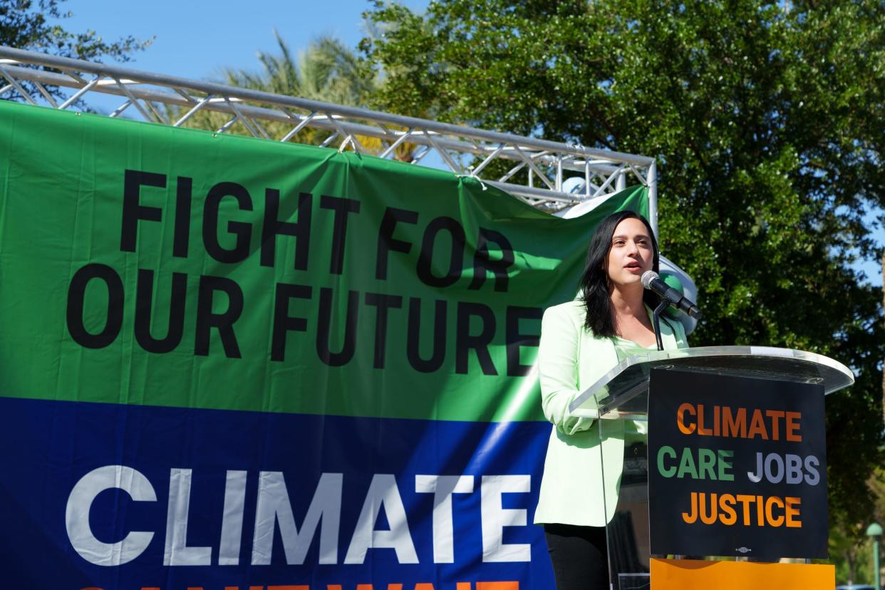 Yassamin Ansari, Phoenix city councilwoman, speaks at the Earth Day rally held by the Climate Action Campaign on the state Capitol Senate lawn on April 23, 2022, in Phoenix, Ariz.