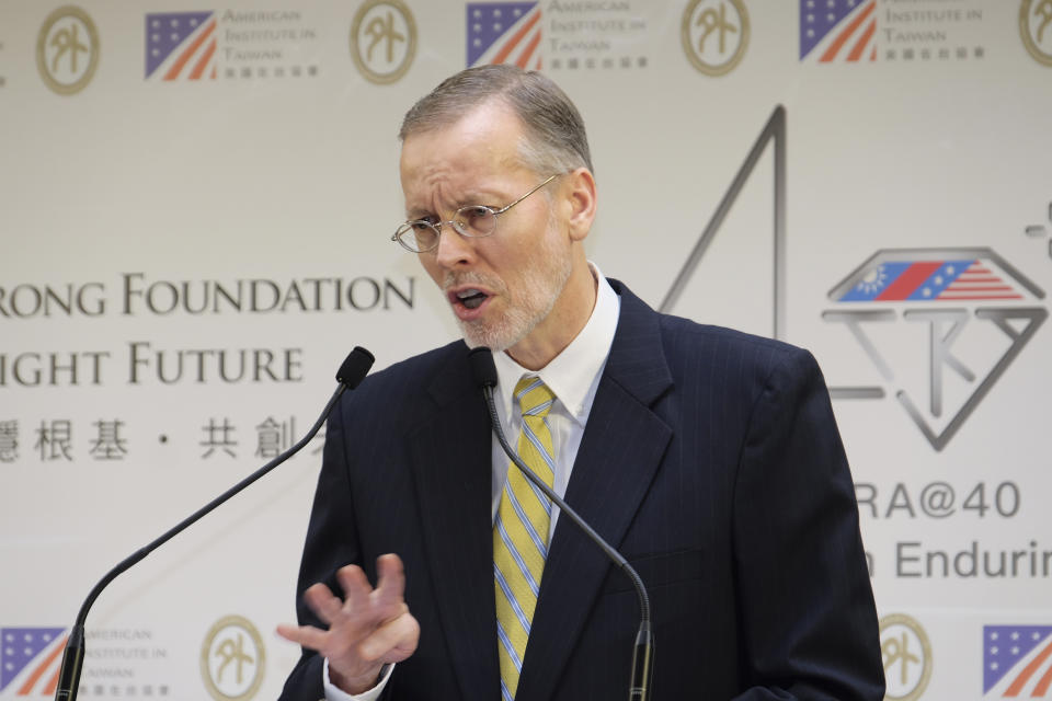 American Institute in Taiwan (AIT) director William Brent Christensen speaks during a press conference with Taiwan Foreign Minister Joseph Wu, in Taipei, Taiwan Tuesday, March 19, 2019. Taiwan and the U.S. will hold talks later this year as part of efforts to counter growing pressure from Beijing to force the island into political unification with mainland China. (AP Photo/Johnson Lai)
