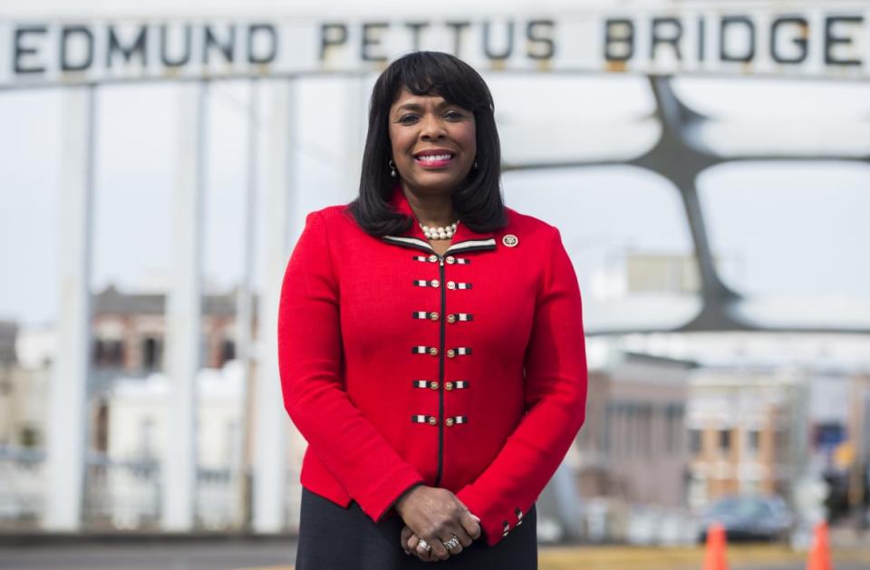 Rep. Terri Sewell, D-Ala., poses on the Edmund Pettus Bridge in Selma, Ala., on Feb. 15, 2015. Rep. Sewell represents Alabama’s 7th Congressional district, which includes Selma. (Photo By Bill Clark/CQ Roll Call)