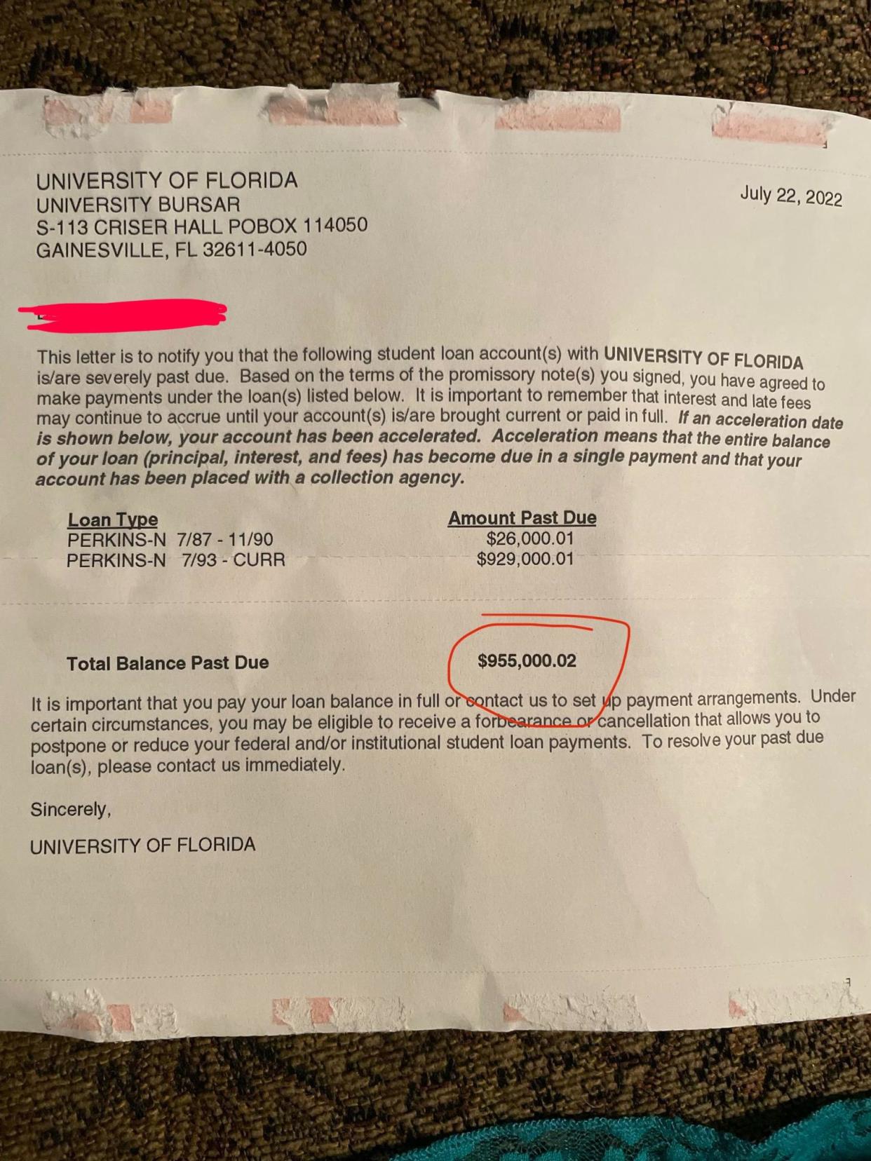 Michelle received a letter from the University of Florida, dated July 22, 2022, which suggested the unpaid balance on her student loans was almost $1 million. (Courtesy Michelle via Reddit)