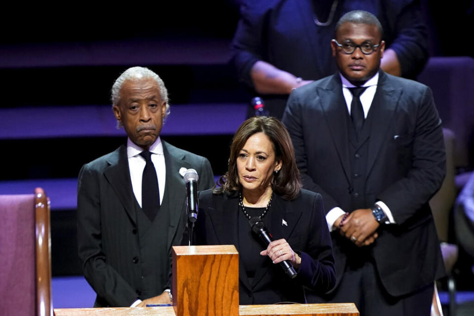 Vice President Kamala Harris speaks during the funeral service.