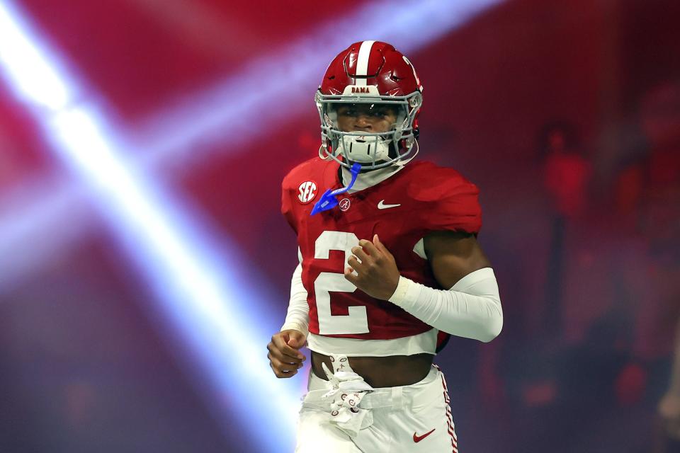 ATLANTA, GEORGIA - DECEMBER 02: Caleb Downs #2 of the Alabama Crimson Tide runs onto the field during team introductions prior to the SEC Championship game against the Georgia Bulldogs at Mercedes-Benz Stadium on December 02, 2023 in Atlanta, Georgia. (Photo by Kevin C. Cox/Getty Images)