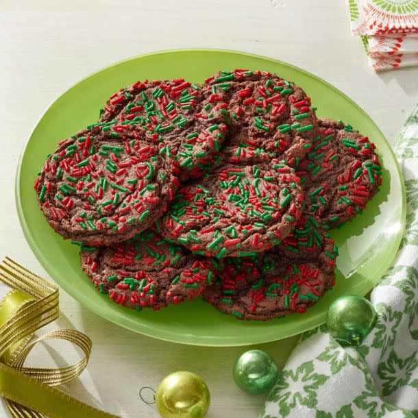 chocolate cake mix cookies with red and green sprinkles