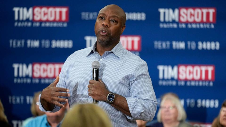 PHOTO: Republican presidential candidate Sen. Tim Scott speaks during a town hall meeting, Aug. 31, 2023, in Oskaloosa, Iowa. (Charlie Neibergall/AP, FILE)