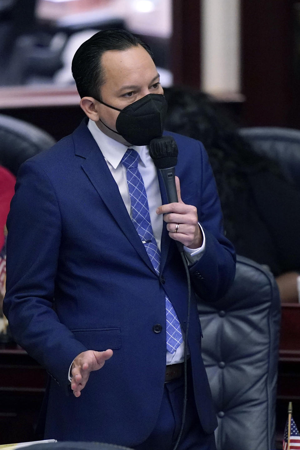 Florida Rep. Carlos Guillermo Smith speaks during a legislative session, Wednesday, April 28, 2021, at the Capitol in Tallahassee, Fla. (AP Photo/Wilfredo Lee)