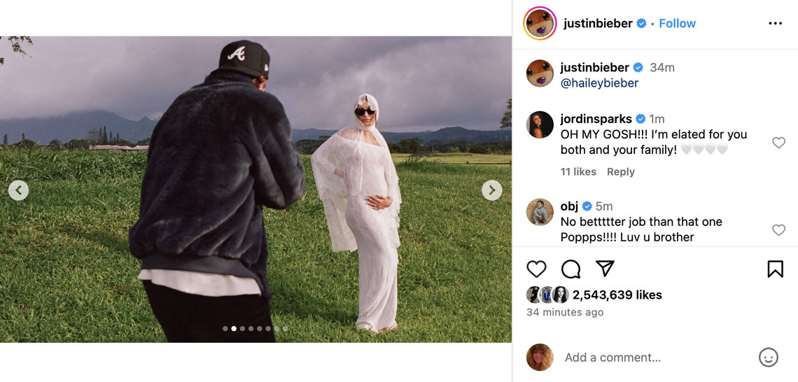 Justin Bieber and Hailey Bieber have shared a massive announcement with their fans. Screengrab from Justin Bieber's Instagram page