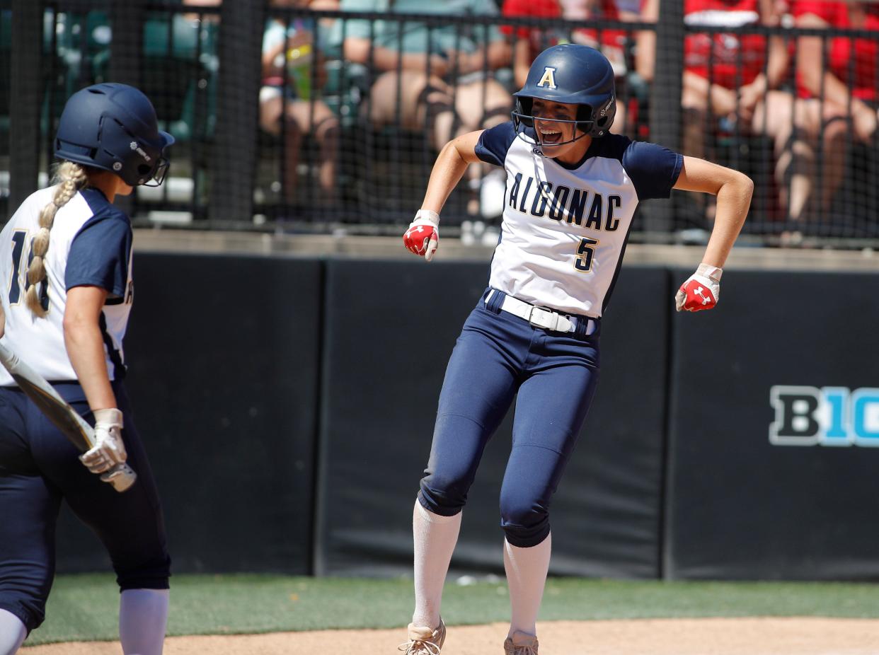 Algonac's Ella Stephenson celebrates after scoring a run during a game earlier this season. The junior was named to the MHSSCA All-State First Team in Division 3.