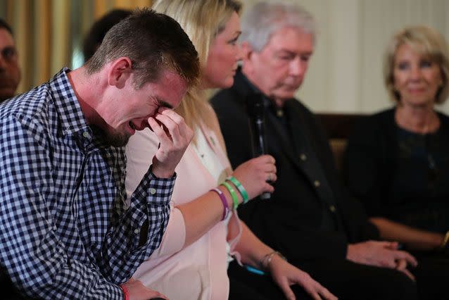 Marjory Stoneman Douglas High School shooting survivor Samuel Zeif cries during a session with Donald Trump with fellow survivors and the families of victims of the shooting at the White House. Source: Getty Images