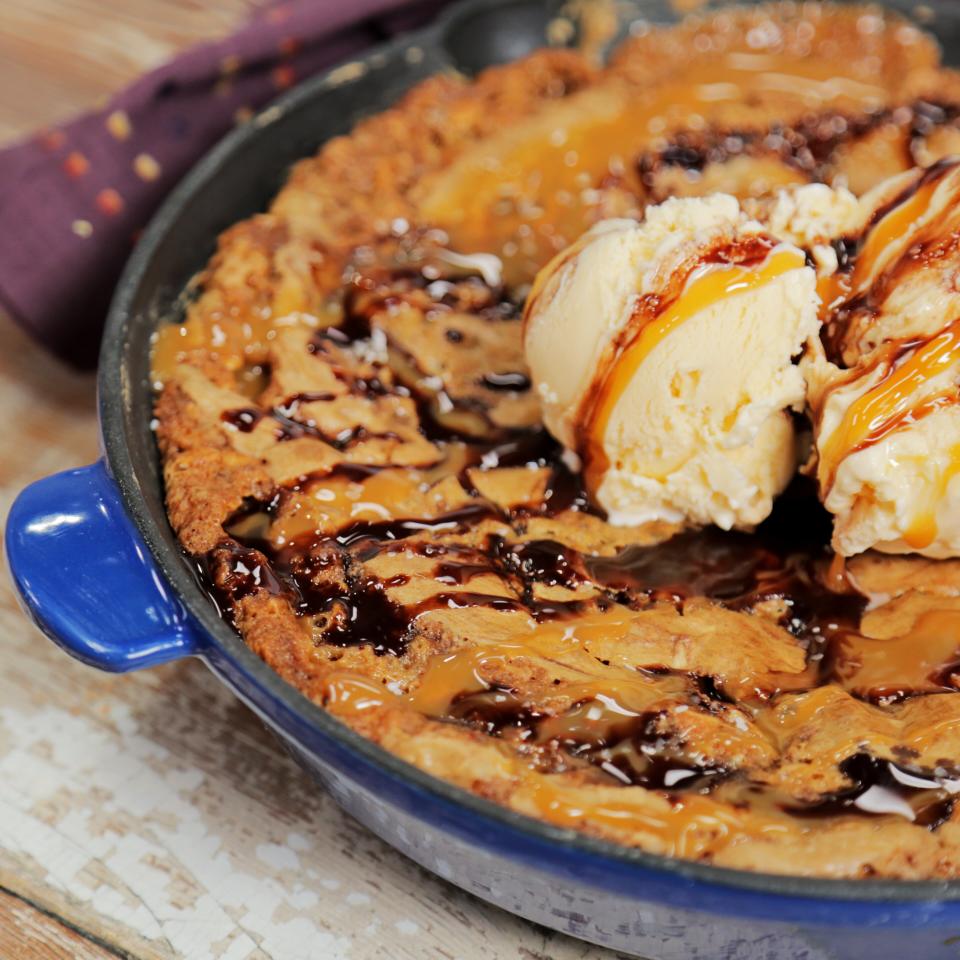 Oatmeal Chocolate Chunk Skillet Cookie with Salted Caramel