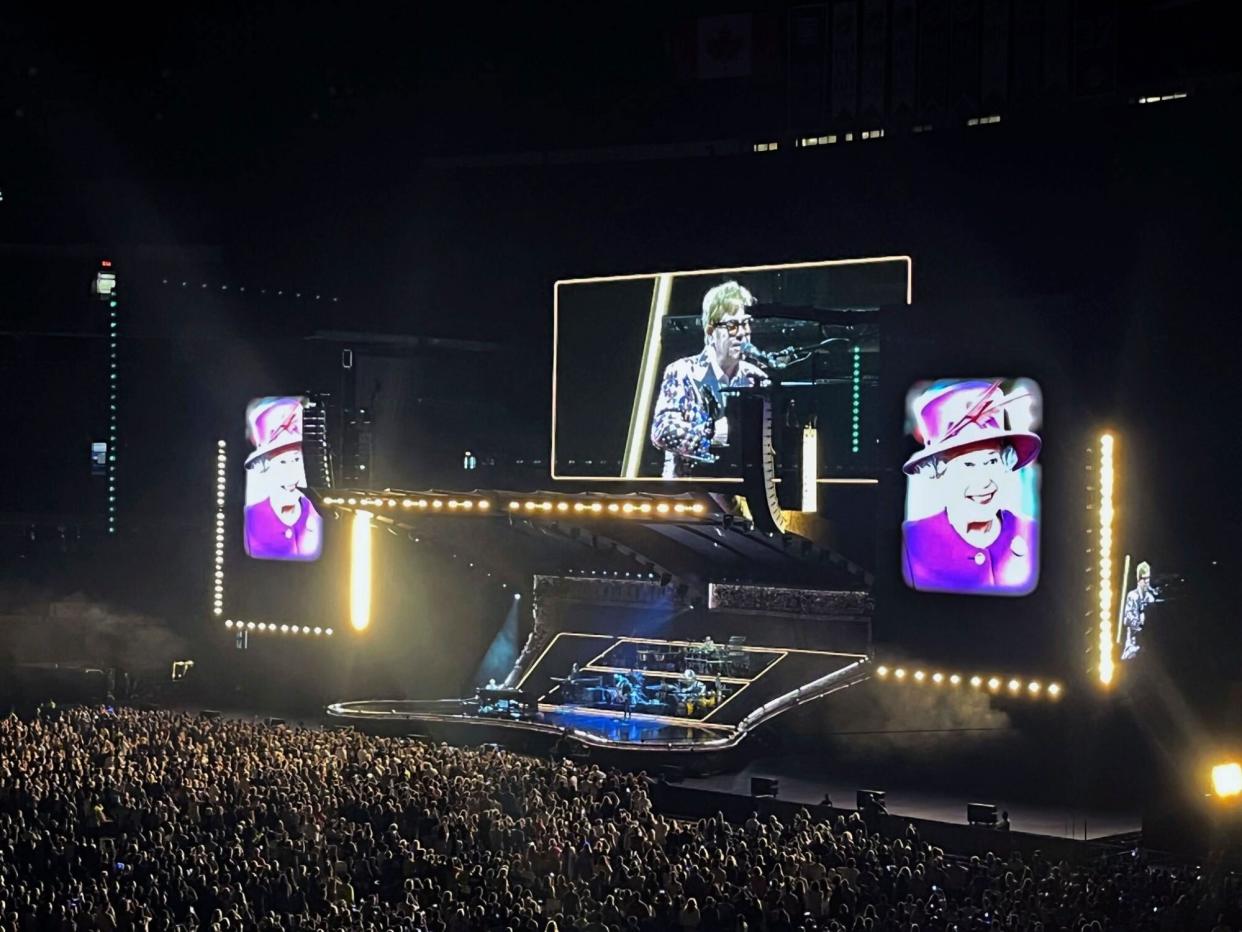 Mandatory Credit: Photo by Robert Gillies/AP/Shutterstock (13376366a) Elton John performs in Toronto. Elton John paid tribute to Queen Elizabeth II at his final concert in Toronto, on Thursday night saying she inspired him and is sad she is gone. "She led the country through some of our greatest and darkest moments with grace and decency and genuine caring," John said Queen Elizabeth II Elton John, Toronto, Canada - 08 Sep 2022