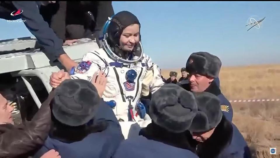 Peresild, being helped from the Soyuz descent module after touchdown. / Credit: Roscosmos/NASA