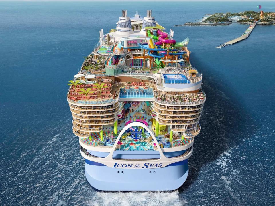 Ein Rendering des gigantischen neuen Kreuzfahrtschiffs von Royal Caribbean, der Icon of the Seas. - Copyright: Royal Caribbean International