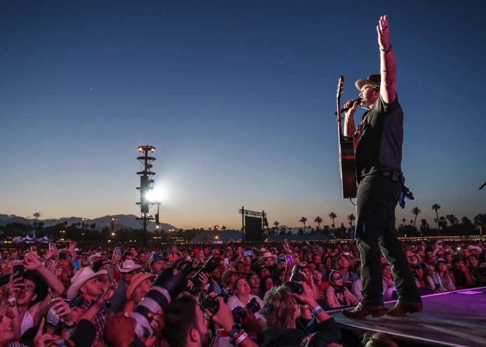 Lee Brice performs at the Stagecoach country music festival at Empire Polo Club.