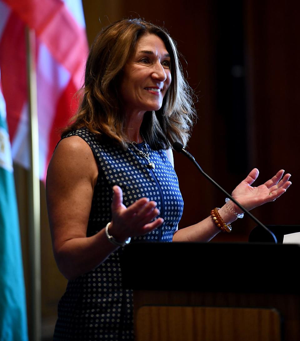 Lt. Gov. Karyn Polito talks about former Worcester City Manager Michael O'Brien during the unveiling ceremony Friday for his portrait at City Hall.