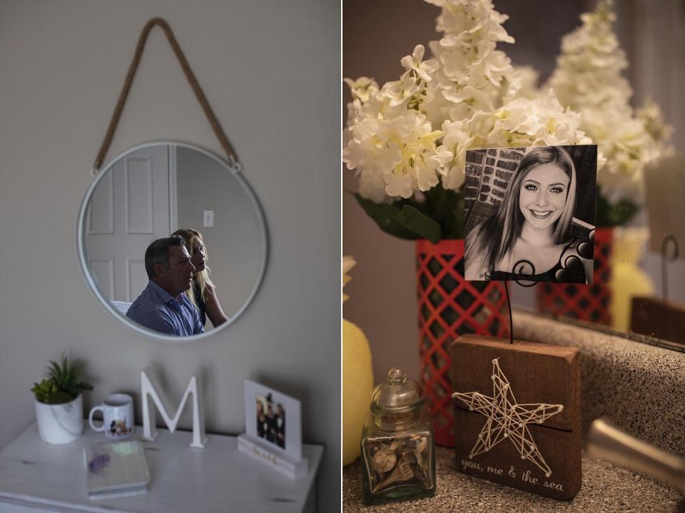 Vince and Miriam sitting in Mia's bedroom (left), and a photo of Mia in the family's home. (Photo: Tamir Kalifa for HuffPost)