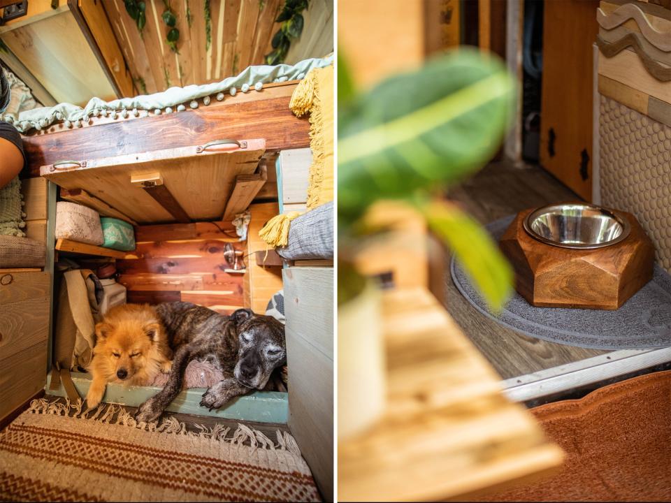 Left: Dogs under the bed Right: close up of the dog bowl