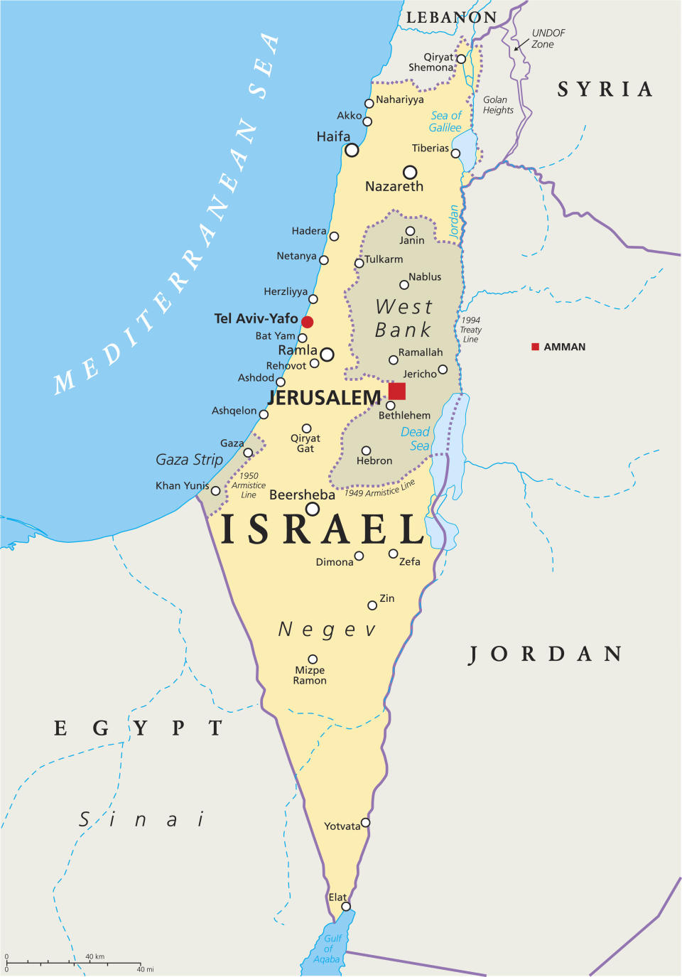 A map shows Israel, with Jerusalem and other major cities labeled, along with the Palestinian territories of the Israeli-occupied West Bank and the Hamas-controlled Gaza Strip. / Credit: Getty/iStockphoto