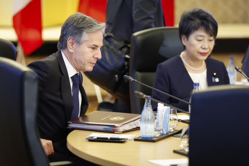 U.S. Secretary of State Antony Blinken, left, and Japanese Foreign Minister Yoko Kamikawa attend a session on the war in Ukraine during the G7 Foreign Ministers' Meeting in Tokyo Wednesday, Nov. 8, 2023. (Jonathan Ernst/Pool Photo via AP)