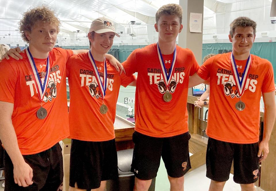 Cathedral Prep tennis players (left to right) Colin Troutman, Gavin Ferretti, James Casella and Cameron Grieshaber comprised the finalists for Wednesday's District 10 Class 2A boys doubles tournament at Westwood Racquet Club. Ferretti and Casella won 6-1, 6-4.