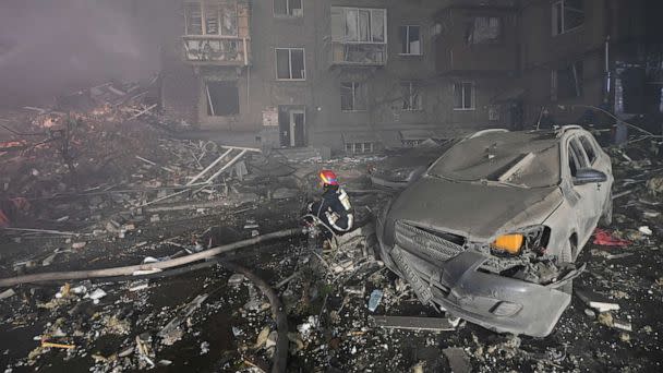PHOTO: A rescuer works at a site of a residential building heavily damaged by a Russian missile strike, amid Russia's attack on Ukraine, in Zaporizhzhia, Ukraine, Oct. 10, 2022. (Stringer via Reuters)