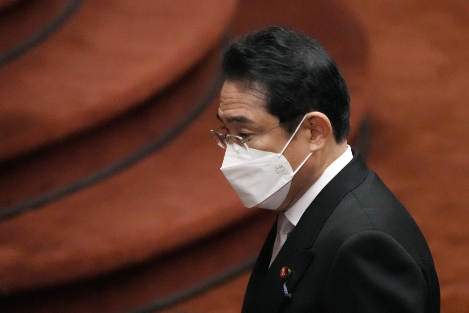 Japanese Prime Minister Fumio Kishida attends the opening of a Diet session at the Upper House of the Parliament on Monday, Jan. 23, 2023, in Tokyo. Kishida said Monday that Japan faces the severest security environment in the region since the end of World War II and pledged to push a military buildup under a newly adopted security strategy over the next five years and beyond as well as tackle rapidly declining births so the country can sustain national strength. (AP Photo/Eugene Hoshiko)