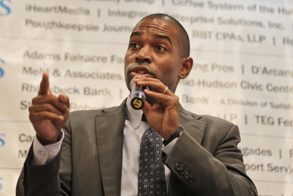 The Democratic candidate for New York's 19th District, Antonio Delgado, speaks during a candidate forum in Poughkeepsie, N.Y., Wednesday, Oct. 17, 2018. Hip-hop, health care and Brett Kavanaugh have emerged as issues in a too-close-to-call congressional race in New York’s Hudson Valley that pits the freshman Republican congressman against a rapper-turned-corporate lawyer seeking his first political office. (AP Photo/Seth Wenig)