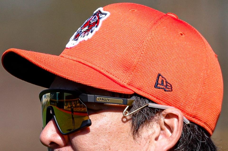 Detroit Tigers pitcher Kenta Maeda warms up during spring training at TigerTown in Lakeland, Fla., on Tuesday, Feb. 20, 2024.