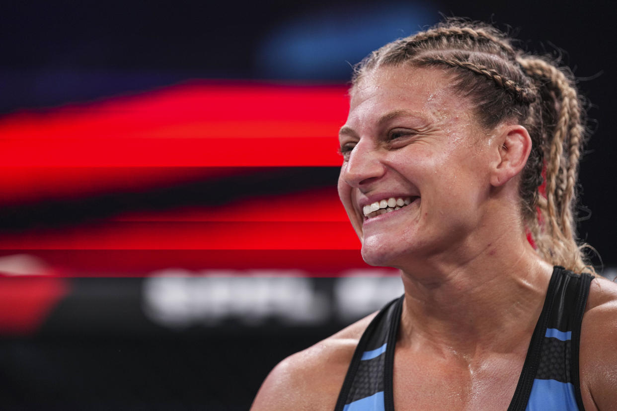 ATLANTA, GA - JULY 01:  Kayla Harrison celebrates after defeating Kaitlin Young during PFL 6 at the Overtime Elite Arena on July 1, 2022 in Atlanta, Georgia.  (Photo by Cooper Neill/Getty Images)