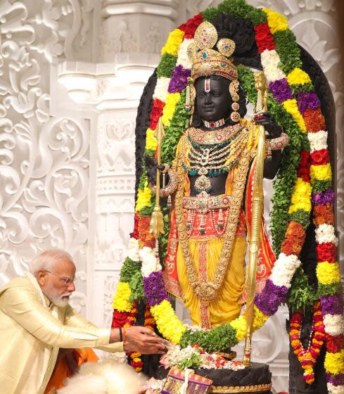 AYODHA, INDIA - JANUARY 22: Indian Prime Minister Narendra Modi attends the inauguration of grand Ram temple's Pran Pratishtha ceremony of Shree Ram Janmaboomi Temple, built at the site of the demolished 16th-century Babri Mosque in the northern Ayodhya, Uttar Pradesh, India on January 22, 2024. (Photo by Imtiyaz Khan/Anadolu via Getty Images)