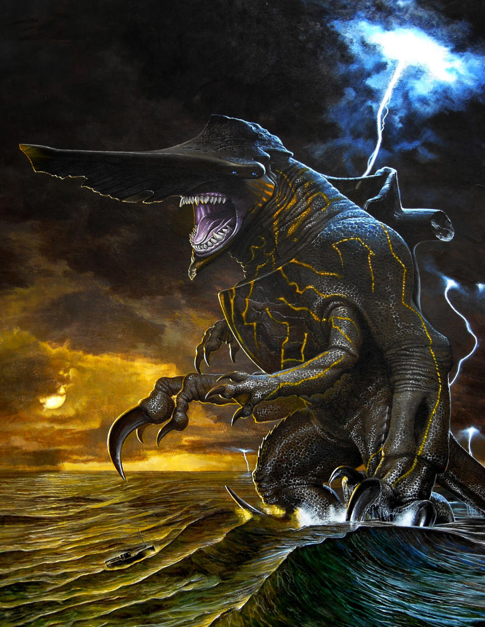 This conceptual art image released by Warner Bros. Pictures shows the Knifehead monster from the film, "Pacific Rim." "Pacific Rim" fulfills a very basic boyhood fantasy: big ol' robots and giant monsters slugging it out. The concept to Guillermo del Toro's "Godzilla"-sized film is about as simple as it gets, but actually constructing such mammoth creations is a far more arduous undertaking. (AP Photo/Warner Bros. Pictures)