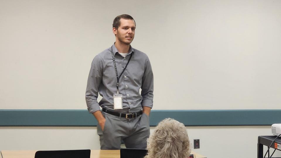 Chase Brady, the city of Amarillo multimedia production manager, speaks Monday about the documentary on the 100th Police Academy Class of Amarillo.