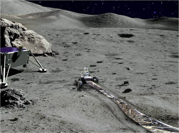 Artist's concept of radio telescope array being emplaced by human-controlled rover on the far side of the moon.