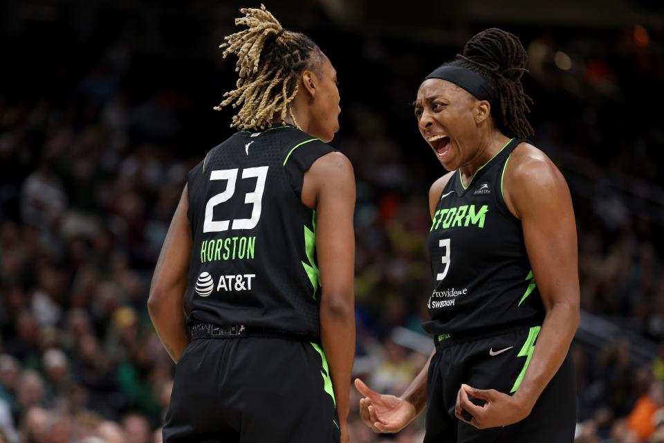 SEATTLE, WASHINGTON - JUNE 11: Jordan Horston #23 and Nneka Ogwumike #3 of the Seattle Storm react during the fourth quarter against the Los Angeles Sparks at Climate Pledge Arena on June 11, 2024 in Seattle, Washington. (Photo by Steph Chambers/Getty Images) ORG XMIT: 776136521 ORIG FILE ID: 2157219966