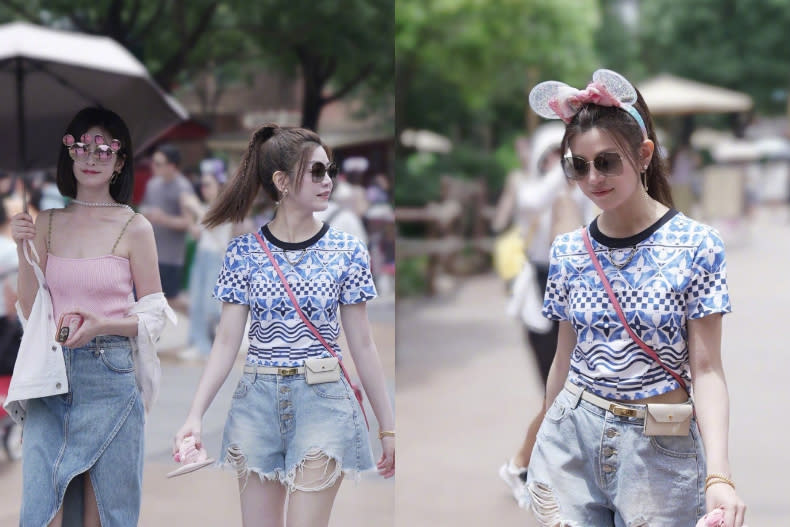 陳妍希先前帶著兒子到上海迪士尼玩，為了方便在遊樂園裡面跑跳，她穿上短版的民俗風T恤