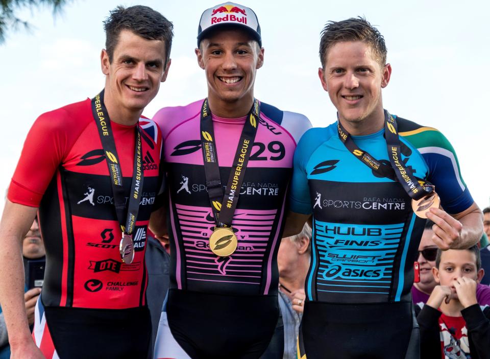 Super League Triathlon participants (from left) Jonathan Brownlee, Vincent Luis and Henri Schoeman during the Mallorca leg in November 2018 (FILE PHOTO: EFE/Cati Cladera)