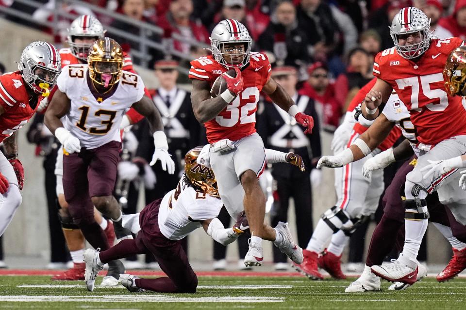 Ohio State running back TreVeyon Henderson rushed for 146 yards and two touchdowns on 15 carries.