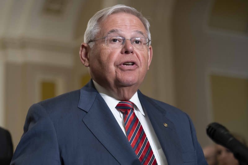 Sen. Bob Menendez, D-NJ, speaks during a press conference after weekly caucus luncheons at the U.S. Capitol in Washington, D.C., on March 15. Menendez was indicted on bribery charges, the Justice Department announced Friday. Photo by Bonnie Cash/UPI