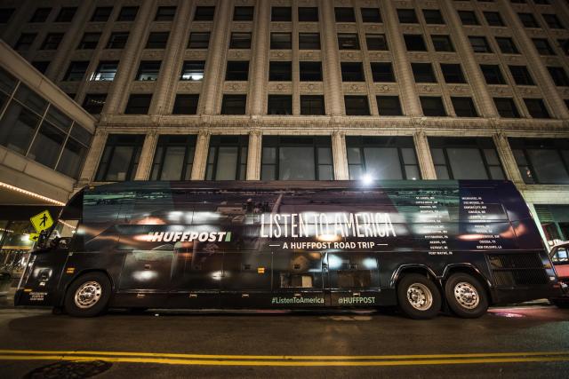 The HuffPost tour bus sits on North Plankinton Avenue in Milwaukee.